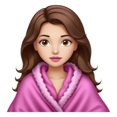 girl with long wavy brown hair, brown eyes, long lashes makeup, sexy pink lips, light to medium complexion, wearing a pink sexy silk top, big blanket over cozy  sticker