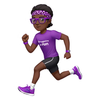 Бегущий мужчина в обтягивающих черных шортах и в леопардовой футболке фиолетового цвета на которой написано progressive run, на голове у него повязка, темные волосы и беговые очки , на ногах модные яркик кроссовки, на правой руке спортивные часы, на груди надпись progressive sticker