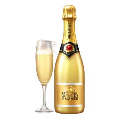 Realistic glam bottle of champagne with a glass next to with a lit consumer firework in the glass with it sticker