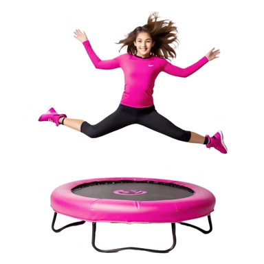 Mujer joven con cola alta y pelo marrón, saltando sobre un mini trampolín negro con bordes neón. Lleva top fucsia, calzas negras y zapatillas blancas. Brazos abiertos, rodillas flexionadas y expresión alegre, en pleno salto con líneas de movimiento.
 sticker