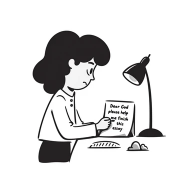 Stressed student writing an essay that begins with "Dear God, please help me finish this essay" in sketchy handwriting sticker