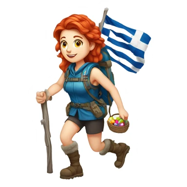 Greek Female winter mountaineer red hair white skin climbing with Greek Flag and Easter eggs basket sticker