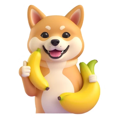 shiba inu showing thumb up and having banana sticker