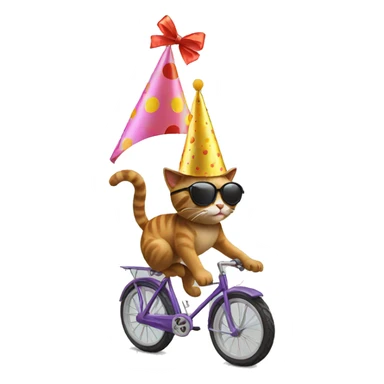 cat riding a bike wearing sunglasses and a birthday hat sticker