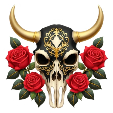 Black Bull skull with red roses and gold intricate patterns sticker