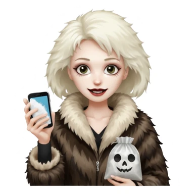 she is wearing a fur coat and has a transparent tiny, small  plastic bag full of white powder, and her phone in the other hand, she has lost so much weight, she looks evil , she has an evil grin sticker