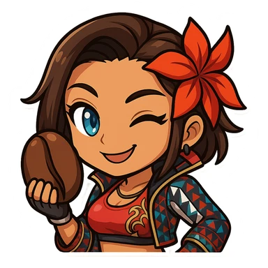 Azucena from Tekken 8 in chibi sticker style, holding a coffee bean, playful wink, wearing the detailed red and patterned outfit from the reference images, designed for Twitch emote use. sticker