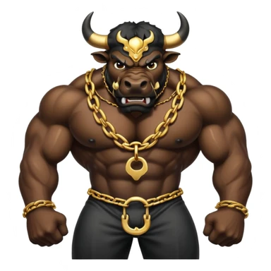 The emoji is an angry black powerful bull with steam coming out of its nose and a gold chain hanging from its neck with the inscription - bull run sticker
