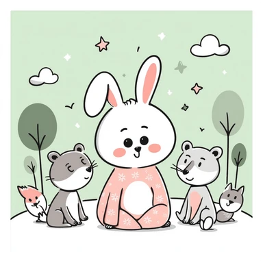 hand-drawn Japanese kawaii mori style scene with a round-faced fluffy pastel bunny with big sparkling eyes and pink blush, with a squirrel, bear, fox, and bird, dreamy pastel green forest with clouds, stars, mushrooms, soft pastel tones, transparent background, high resolution sticker
