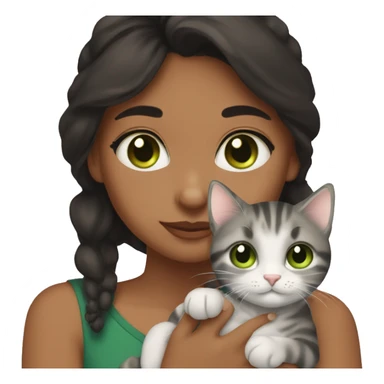 brownskin girl with brown eyes and black hair cuddling one gray tabby cat with green eyes sticker