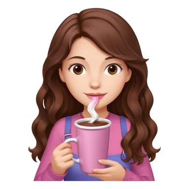 menina branca com cabelos castanhos longos ondulados com xícara rosa na frente com chocolate quente, com blusa de alça fina sticker