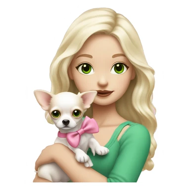 pale blond girl with wavy long platinum hair with green eyes holding a white chihuahua puppy that wearing a pink bow sticker