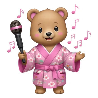 A cute light-brown bear wearing a pastel pink sakura-patterned kimono, normal balanced body ratio.  
Holding a microphone and singing happily, music notes floating around and a bright joyful smile.  
Kawaii emoji style, minimalistic clean sticker illustration, white background. sticker