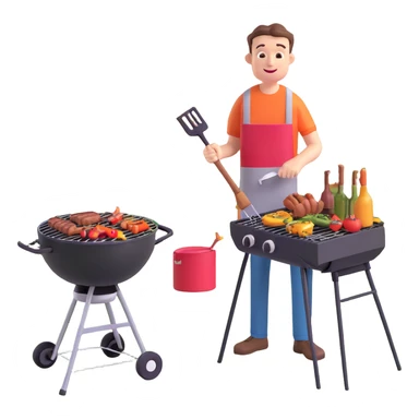 person barbecuing, backyard, food on grill, friendly expression sticker