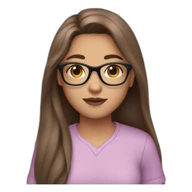 a teenager with brown  long hair black glasses feminine face big light pink lips purple shirt sticker