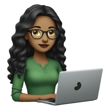 Light brown-skinned girl with long, wavy black hair, with clear glasses wearing a black laptop, wearing a green shirt. sticker