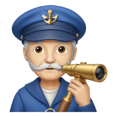 old sailor wearing a blue cap with a telescope sticker