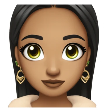 Glamorous, streetwear, black hair, long straight hair, olive skin, green almond eyes, winged eyeliner with big lashes, wearing hooped earrings, rings and bracelets, almond fake nails sticker