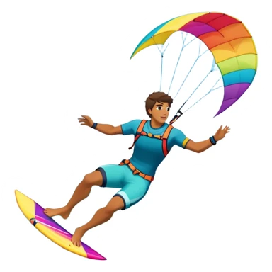 A professional kite surfer performing a high-flying trick on the waves, with a colorful kite soaring above. The background features a stunning landscape of rolling ocean waves, a bright sky, and distant mountains, emphasizing the skill and freedom of the sport. sticker