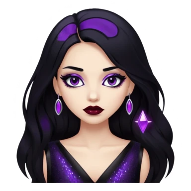 girl with long black hair, shiny black night dress with glitter, purple makeup, dark red lipstick, edgy and mysterious sticker