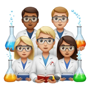 The team of scientists is waist-deep, surrounded by chemical flasks and books sticker