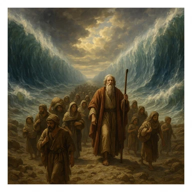 Red Sea parted, walls of water on both sides, people crossing on dry land, Moses leading, ancient setting sticker