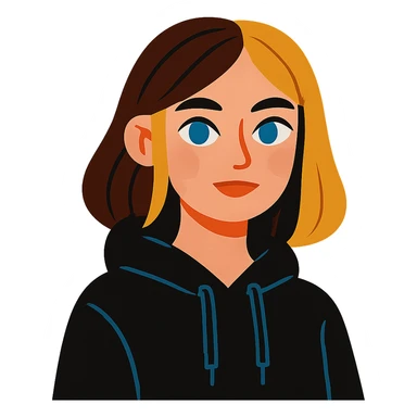 designer girl with blue eyes, brown and blonde hair to shoulders, black hoodie sticker