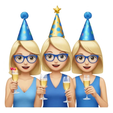 group of women cheering. With a blonde girl in middle with blue glasses sticker