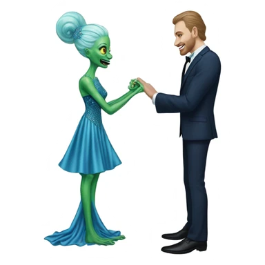 alien reptilian green skin woman, in long slim pastel blue formal party satin dress with gradient shiny sparkling navy blue diamonds embroidered , and caucasian man in black dres on his knees asks her to marry her sticker
