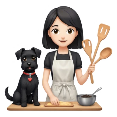 pale smiling girl baking with long back hair wearing black long shirt wearing apron holding black  schnauzer sticker