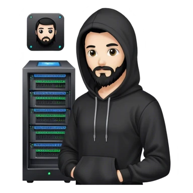 hackeur blanc cheveux noir barbe et capuche noir à côté d'un server ia sticker