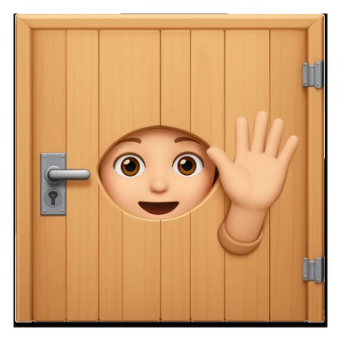 Add a hand waving to the person hiding behind a door, only face peeking out from front side, in emoji style. sticker