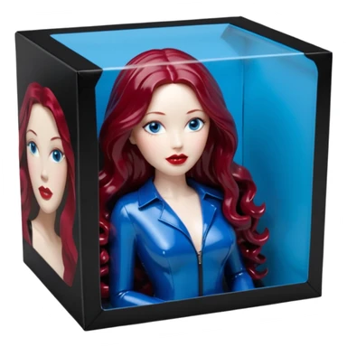 Imagine a beautiful burgundy long wavy hair, pale skin, dreamy, seductive blue eyes, plump vivid red lips,female as an hyperrealistic action figurine. Wearing one piece black patent leather outfit, ina hyperrealistic detailed cardboard plastic 3D figurine box, full view, still life, masterpiece  sticker