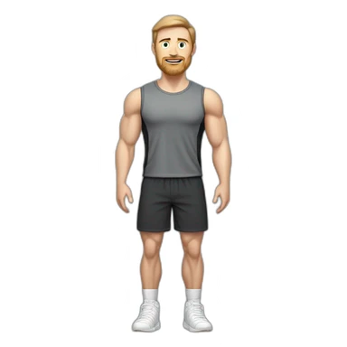 Full height Pale skinned muscular man With Realistic eyes and mouth, light brown hair and stubble In dark gray sleeveless mike, black oversize sports shorts, watch and white sneakers. sticker