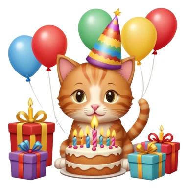 Ginger tabby kitten celebrates birthday, birthday hat, birthday cake, one candle, balloons, happy, gifts sticker