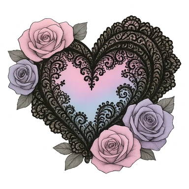 Remove the background, keep the pastel goth heart with pastel roses and black lace, transparent background. sticker