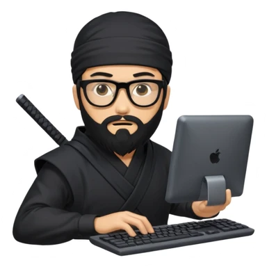 Man with black hair and beard wearing glasses in a ninja costume. Keep the top left version, make the beard longer and replace the sword on his back with a computer keyboard  sticker