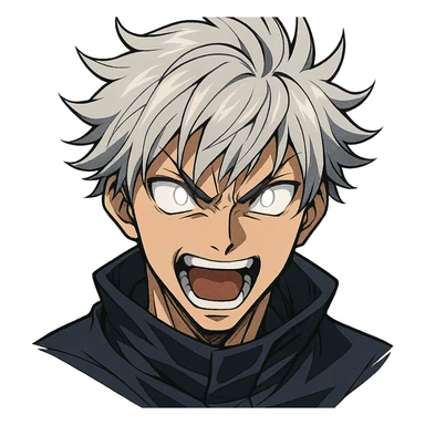male anime character with silver hair, stylized portrait, dynamic facial expression, clear lines, glowing eyes, no background sticker