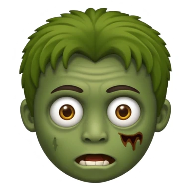 quero um emoji de um menino com pele de zumbi cabelo castanho claro e de franja, olhos menores boca fechada pele verde faça os machucados na cara inteira  sticker