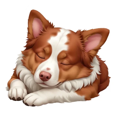 Cinematic Chubby Sleeping Red and White Merle Australian Shepherd Portrait Emoji, Chubby and serene, with a round, adorable build and a striking red and white merle coat, eyes gently closed in peaceful slumber, Simplified yet irresistibly endearing features, highly detailed, glowing with a gentle, dreamy glow, high shine, relaxed and content, stylized with a touch of whimsy, bright and heartwarming, soft glowing outline, capturing the essence of a blissfully sleepy herder, so comically serene it feels like it could roll out of the screen and snore with adorable charm! sticker