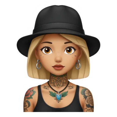 tattoo girl on her neck and body with black hat sticker