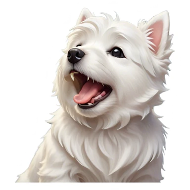 Cinematic Cute Yawning West Highland White Terrier Portrait Emoji, Head tilted slightly with a dramatic, wide-open yawn, showcasing a soft, fluffy white coat with floppy ears slightly drooping and round dark eyes barely open in drowsy contentment, Simplified yet irresistibly adorable features, highly detailed, glowing with a soft, cozy glow, high shine, relaxed yet expressive, stylized with a touch of whimsy, bright and endearing, soft glowing outline, capturing the essence of a sleepy yet affectionate companion, so drowsy it feels like it could stretch out of the screen and curl up for a nap! sticker