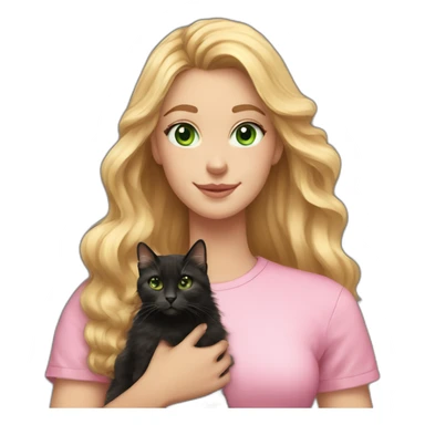 woman with green eyes and long wavy blonde hair in a pink shirt is holding a very fluffy and fat black and tortoiseshell cat sticker