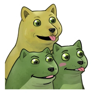 group emoji: yellow Doge, Pepe, and ChillGuy together, all holding 'ByteNova' text, fun meme mashup sticker