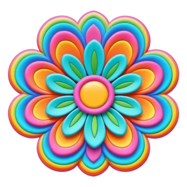 3D, psychedelic colored label with hippie style flower border sticker