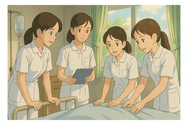 Indoor Ghibli scene: four nursing students inspired by photos, interacting around a fictional patient (not visible). White short-sleeve uniforms, V-neck, left chest pocket, bare forearms, long hair tied, soft and collaborative atmosphere, bright details. sticker