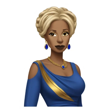 Shrugging Mary j blige with blue and gold locs wearing a royal blue and gold dress  sticker