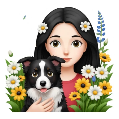 A girl is holding a black and white border collie in the flowers sticker