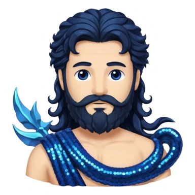 Neptune, God of Sea from Roman Deities with long jet black wavy hair and beard, dark blue sequin toga sticker