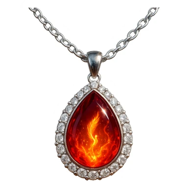 A teardrop ruby pendant with fiery light, a tiny phoenix feather emerging, haloed by shimmering white stones, and a silver chain like liquid moonlight sticker